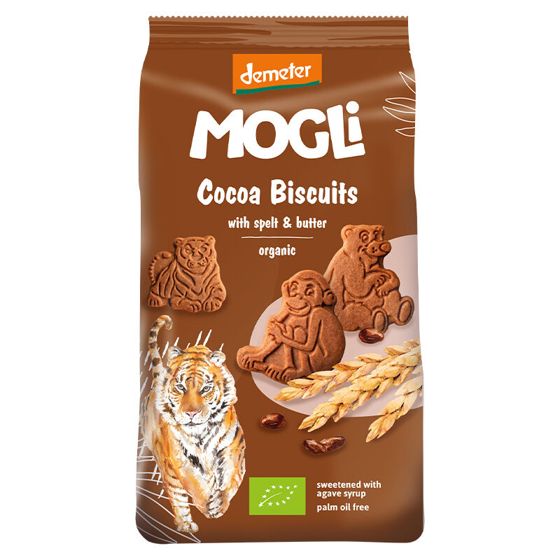 Packaging of MOGLI Cocoa Biscuits with Demeter logo on a white background