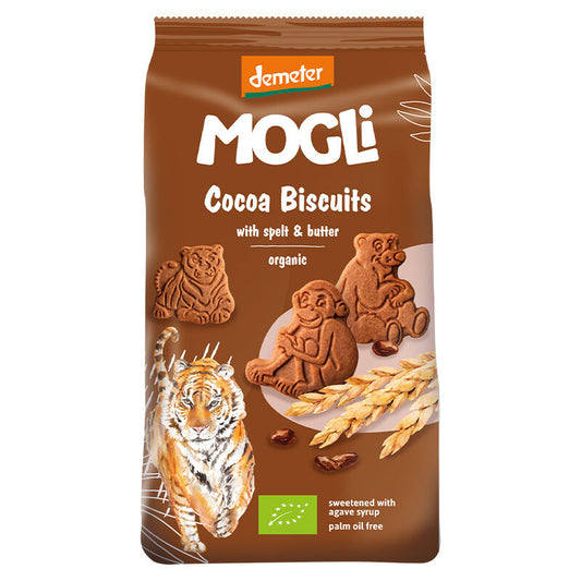 Packaging of MOGLI Cocoa Biscuits with Demeter logo on a white background