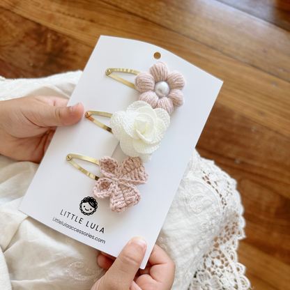 Crochet Hair Clips Set- Bloom (Pearl)
