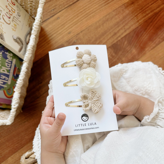 Crochet Hair Clips Set- Natural Classic
