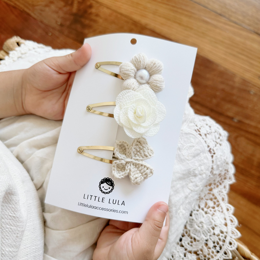 Crochet Hair Clips Set- Natural (Pearl)