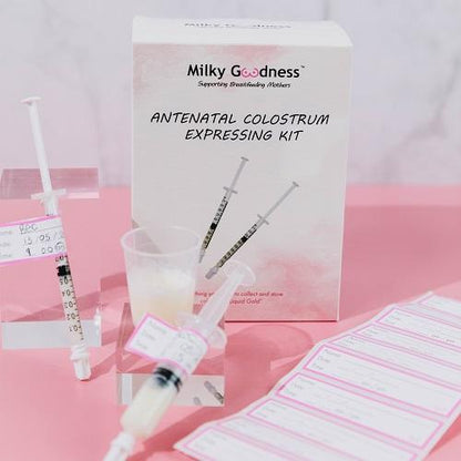 a kit put together for collecting colostrum. kit includes all materials necessary for expressing in the early stages.